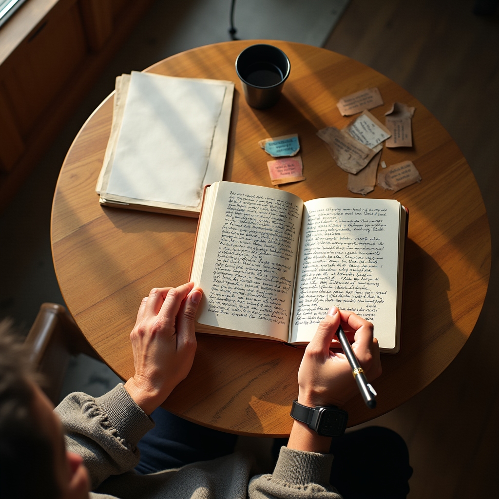 Vista cenital de manos escribiendo en un cuaderno abierto durante escritura libre
