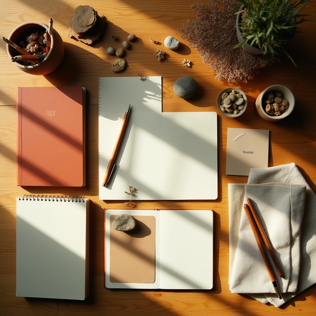 Mesa con cuadernos, plumas y materiales de escritura terapéutica dispuestos para el taller