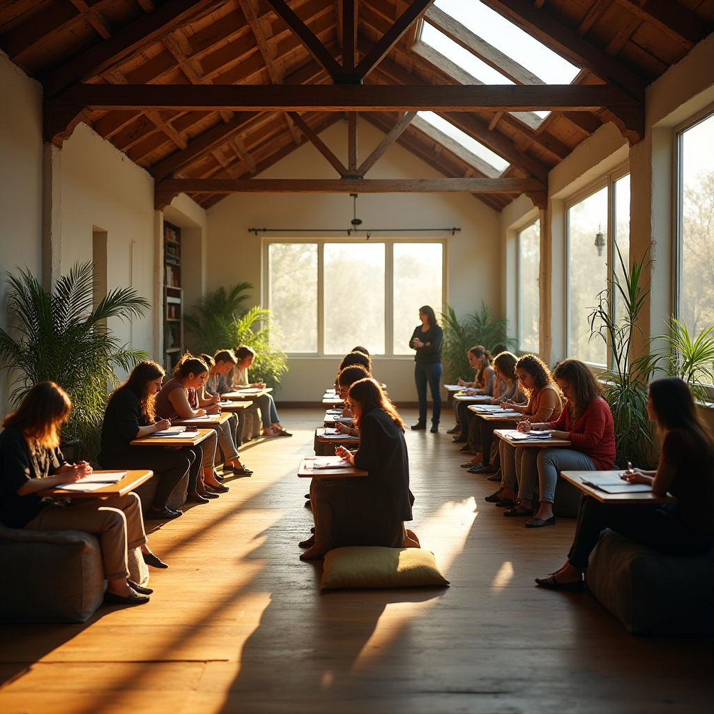 Grupo numeroso de participantes en un retiro de escritura de fin de semana en espacio amplio